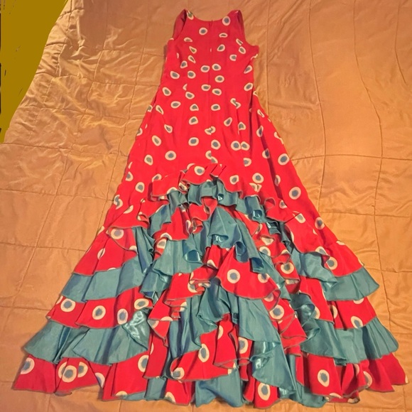 Red and Blue Flamenco Dress Handmade in Spain - zipper back, v-neck, sleeveless - Picture 6 of 16